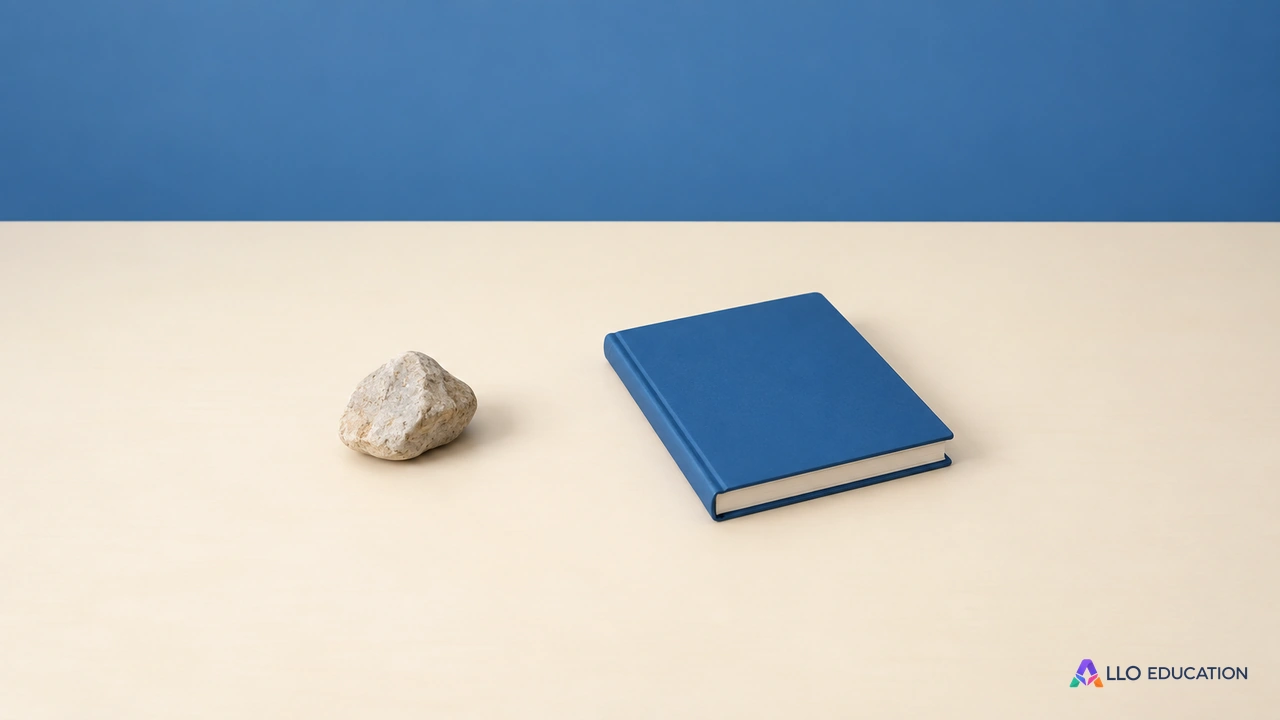 Una piedra clara y un cuaderno cerrado sobre una mesa.