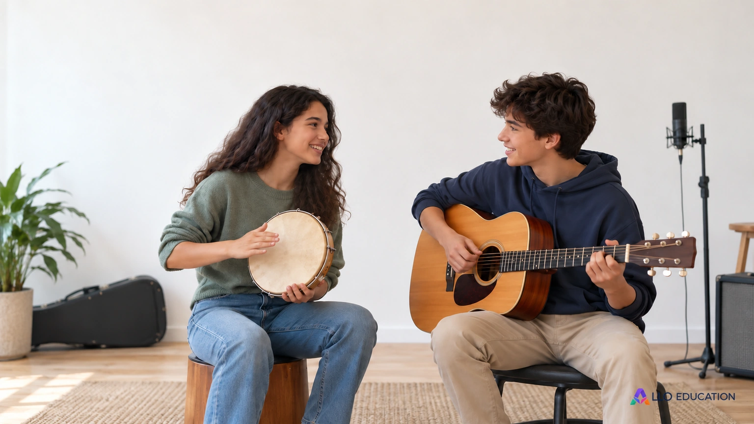 Deux musiciens fictifs avec un tambour et une guitare préparent ensemble un essai dans un studio clair.