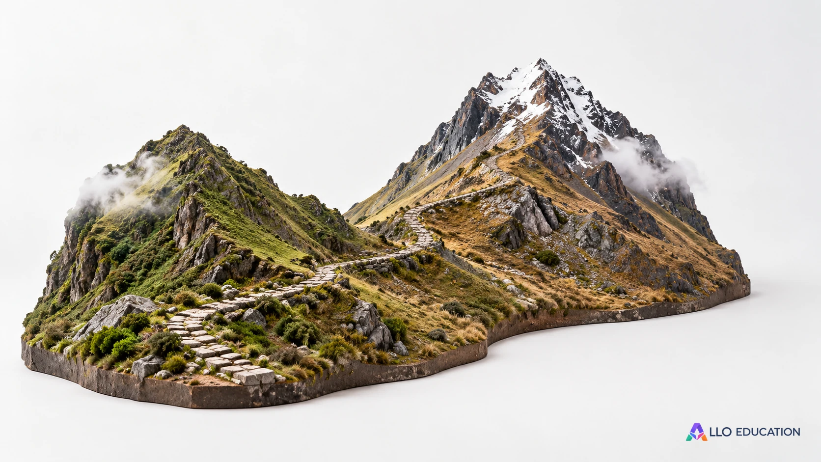 Un sentier de pierre relie deux versants sur un relief montagneux inventé.